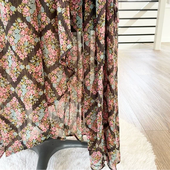 XS S M L NWT LC Lauren Conrad pink blue & black floral print wrap midi dress - Picture 7 of 8